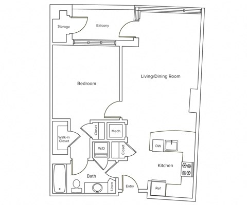 Floor plan for 1 bed, 1 bath, 785 sqft